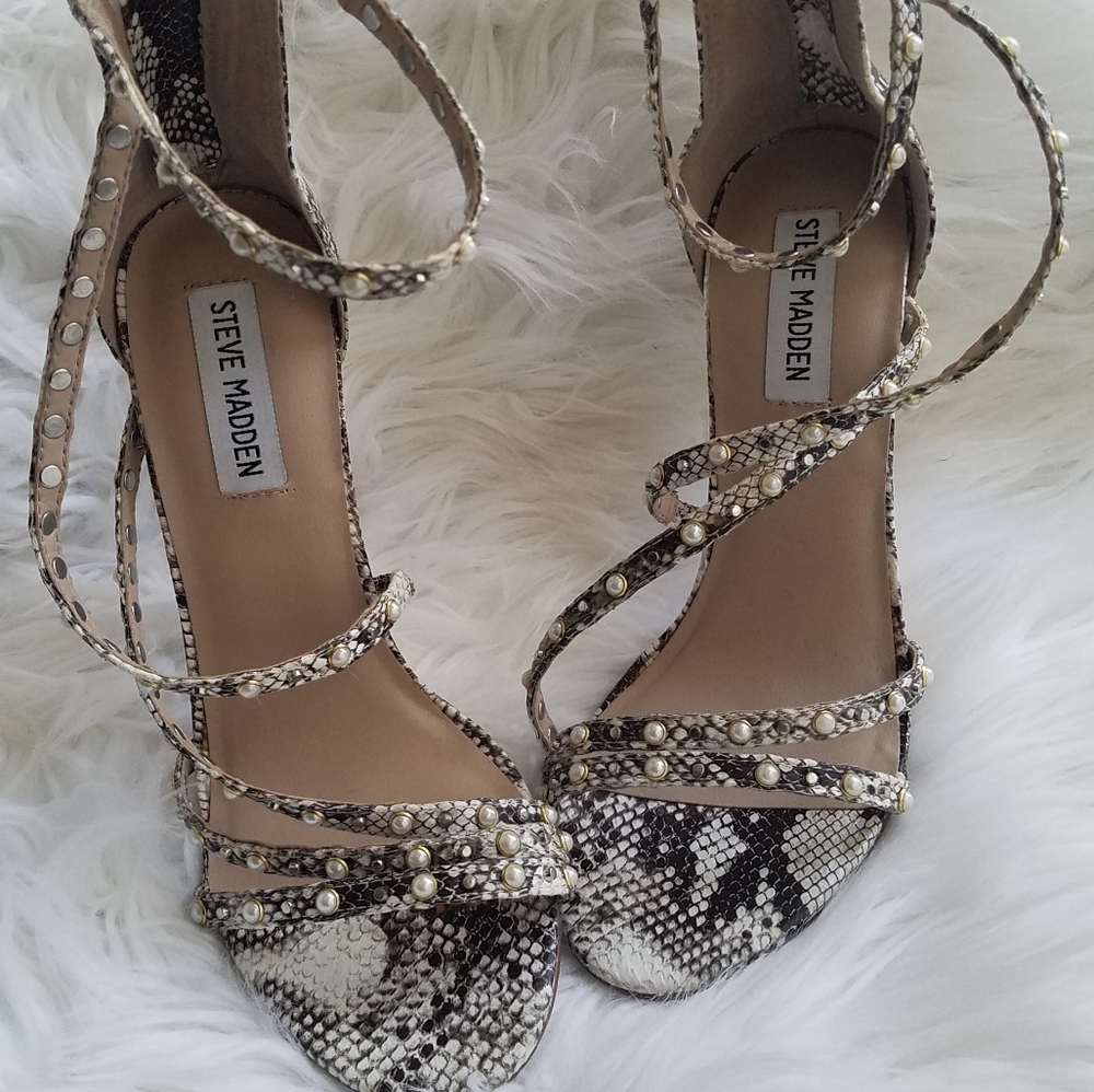 Snakeskin strappy heels with pearls
